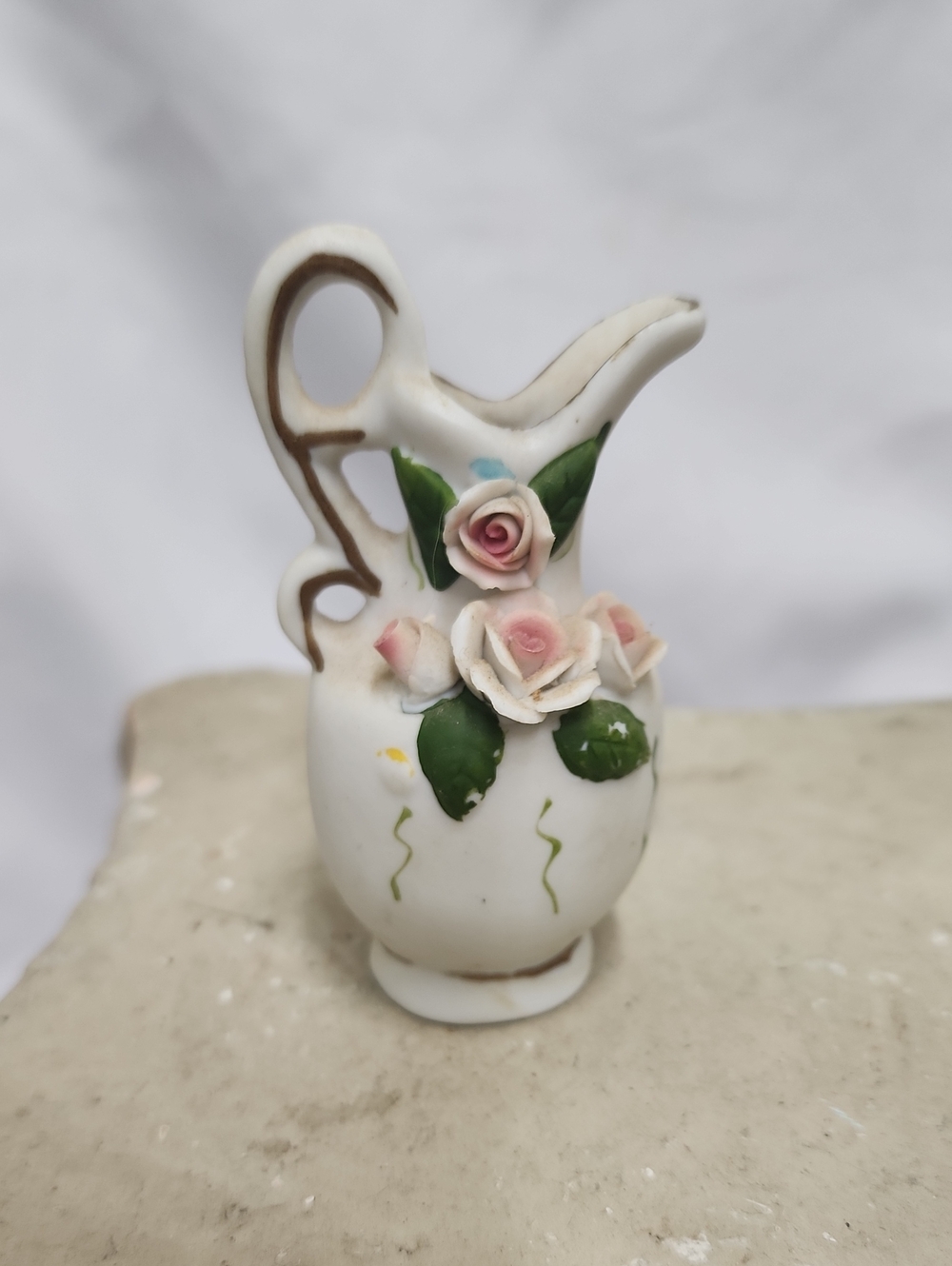 Vintage Floral Porcelain Handle Pitcher Vase